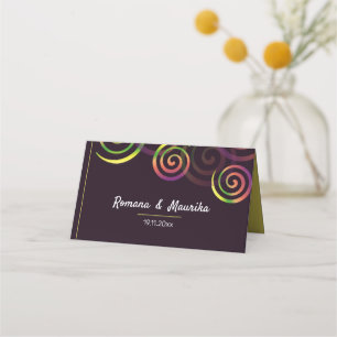 Chic Rainbow Spirals On Deep Purple And Mustard Place Card