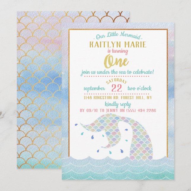 Chic Rainbow Watercolor Mermaid 1st Birthday Invitation (Front/Back)