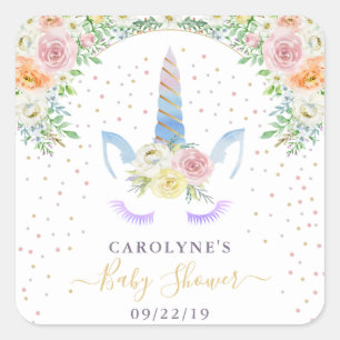 Chic Rainbow Watercolor Unicorn Baby Shower Square Sticker