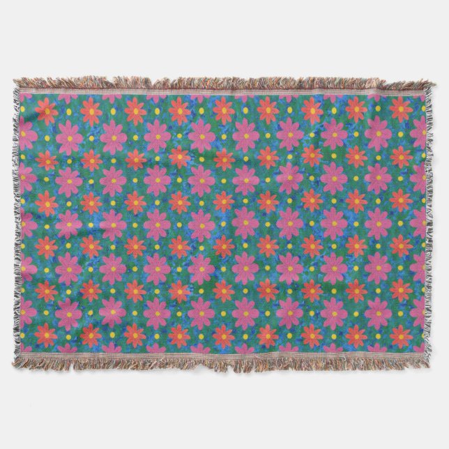 Chic Rangoli Flowers and Polka Dots Throw Blanket (Front)