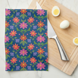 Chic Rangoli Flowers Polka Dots Blue Kitchen Towel