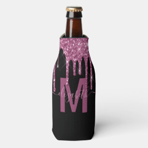 Chic Raspberry Dripping Glitter Monogram Name Bottle Cooler