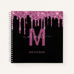 Chic Raspberry Dripping Glitter Monogram Name Notebook