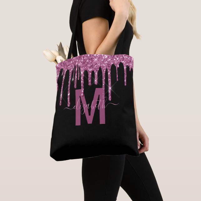 Chic Raspberry Dripping Glitter Monogram Name Tote Bag (Close Up)
