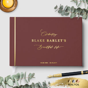 Chic Real Foil, Burgundy Funeral/ Life Celebration Guest Book