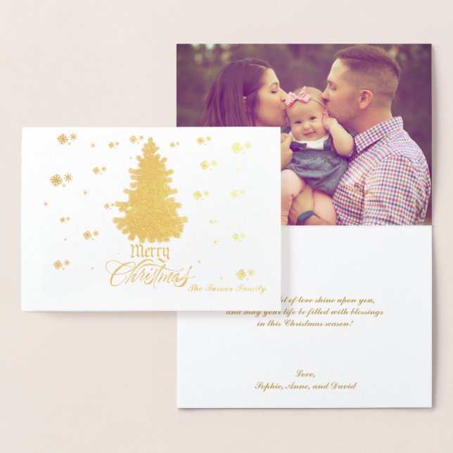 Chic Real Gold Merry Christmas Wishes Custom Photo Foil Card (Display)