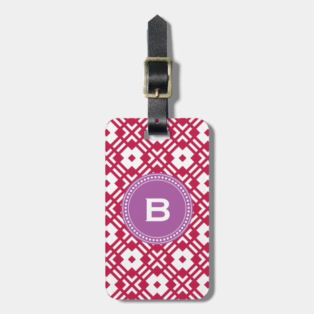 Chic red abstract geometric pattern monogram luggage tag (Front Vertical)