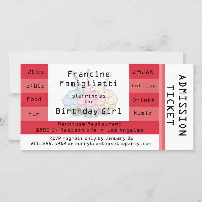 Chic Red Admission Ticket Birthday Invite (Front)