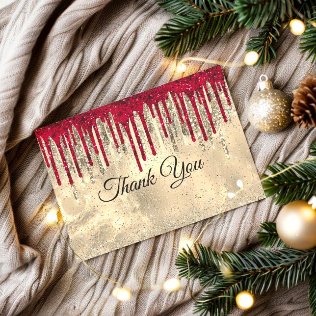 Chic red and black gold glitter drips thank you card (Creator Uploaded)