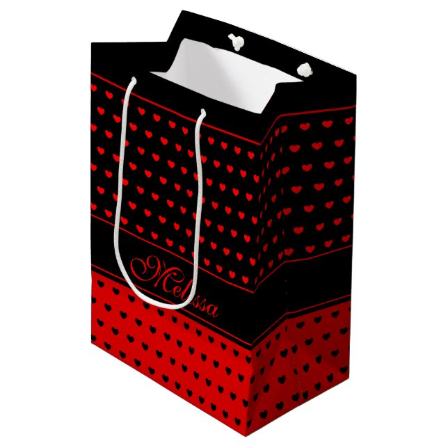 Chic Red and Black Hearts Pattern, Name Template Medium Gift Bag (Front Angled)