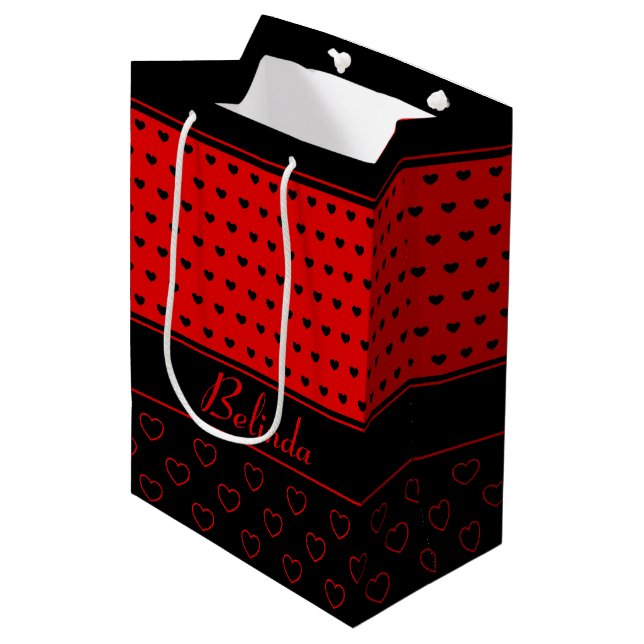 Chic Red and Black Hearts Pattern, Name Template Medium Gift Bag (Front Angled)