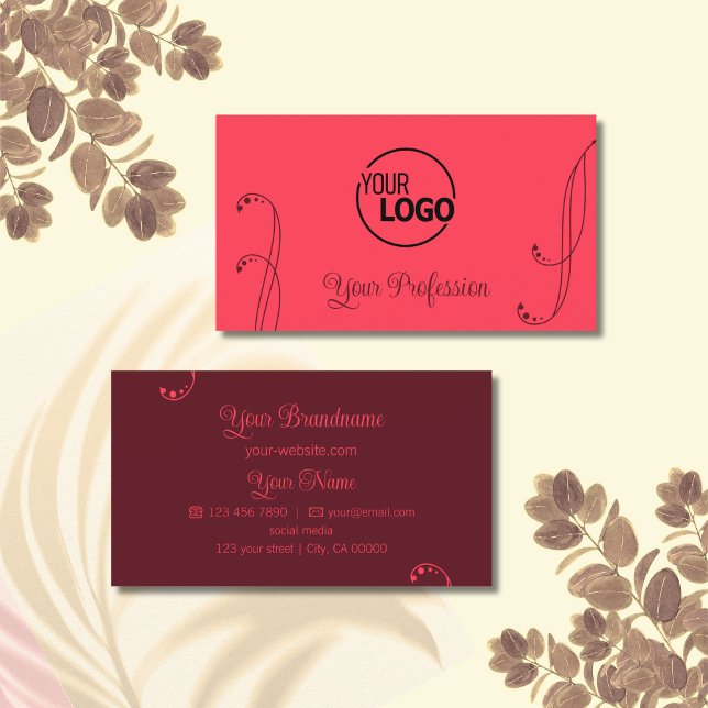 Chic Red and Burgundy Ornamental with Logo Ornate Business Card (Creator Uploaded)