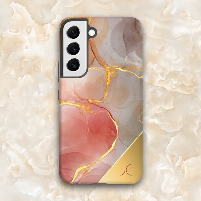 Chic Red and Gold Agate Monogram Samsung Galaxy S22 Case (Creator Uploaded)
