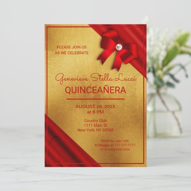 Chic Red and Gold Quinceañera Party Invitation (Standing Front)