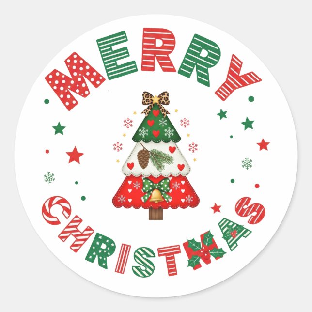 Chic Red and Green Merry Christmas Tree Holiday Classic Round Sticker (Front)