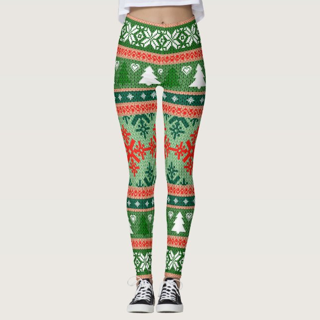 Chic Red and Green Plaid Snowflake Leggings (Front)