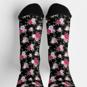Chic red and pink Flower on stylish black  Socks