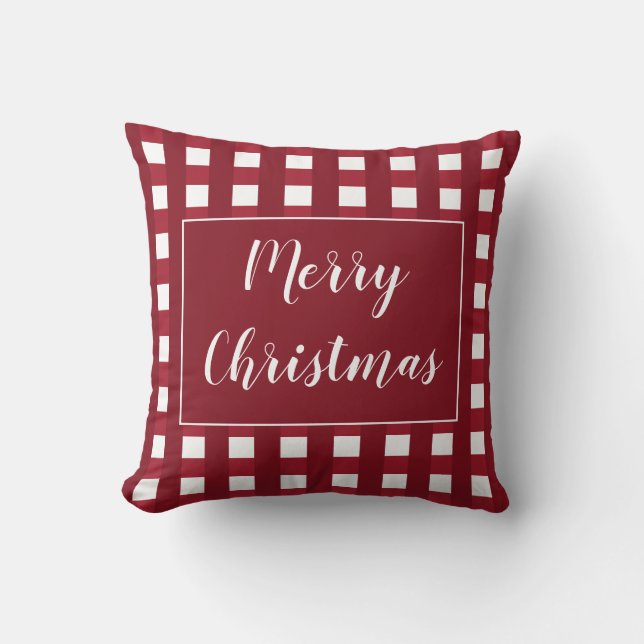 Chic Red And White Merry Christmas Buffalo Check Cushion (Front)