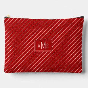 Chic Red and White Monogram Stripes Accessory Pouch