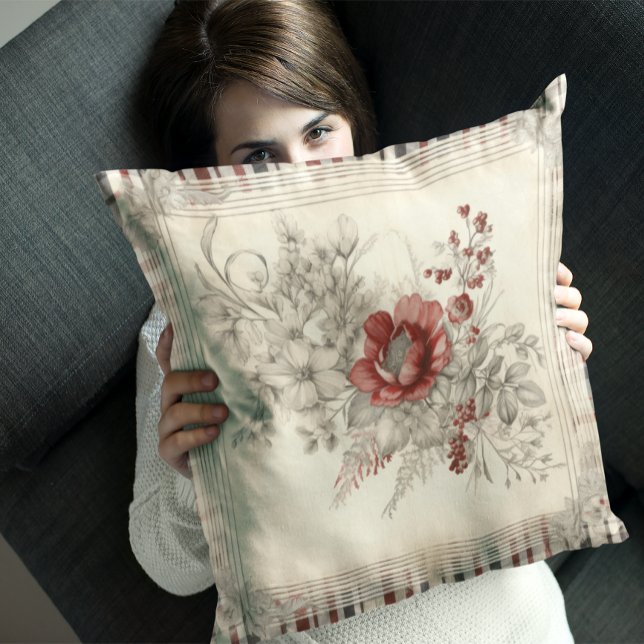 Chic Red And White Plaid Floral Cushion (Creator Uploaded)