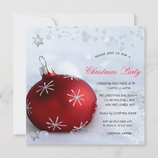 Chic Red Ball Snowflakes Christmas Company Party Invitation (Front)