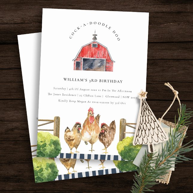 Chic Red Barn Chicken Farm Watercolor Birthday Invitation (Creator Uploaded)