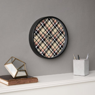 Chic Red Beige Black White Plaid Stripes Pattern Clock