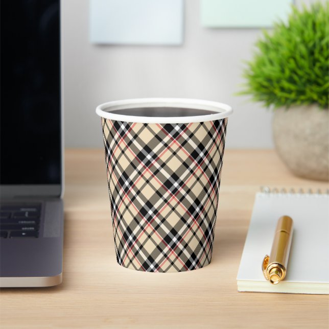 Chic Red Beige Black White Plaid Stripes Pattern Paper Cups (Insitu)