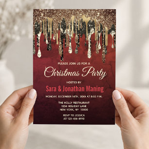 Chic red black and gold glitter drips Christmas  Invitation