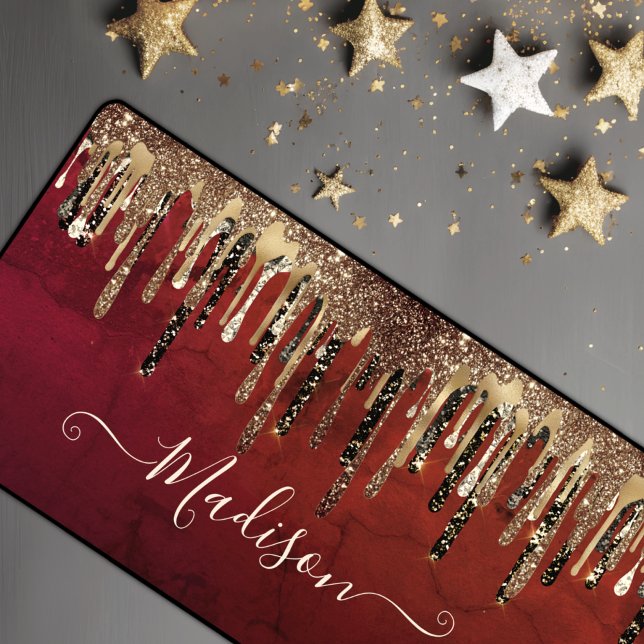Chic red black and gold glitter drips monogram desk mat (Creator Uploaded)