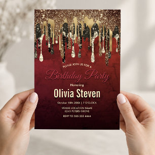 Chic red black and gold glitter drips monogram  invitation