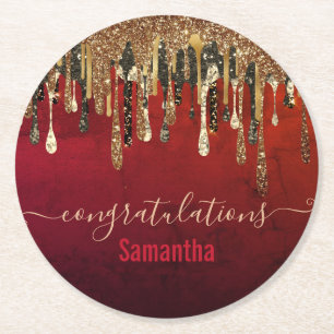Chic red black and gold glitter drips monogram pap round paper coaster