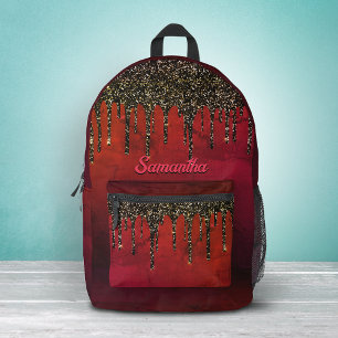 Chic red black and gold glitter drips monogram printed backpack