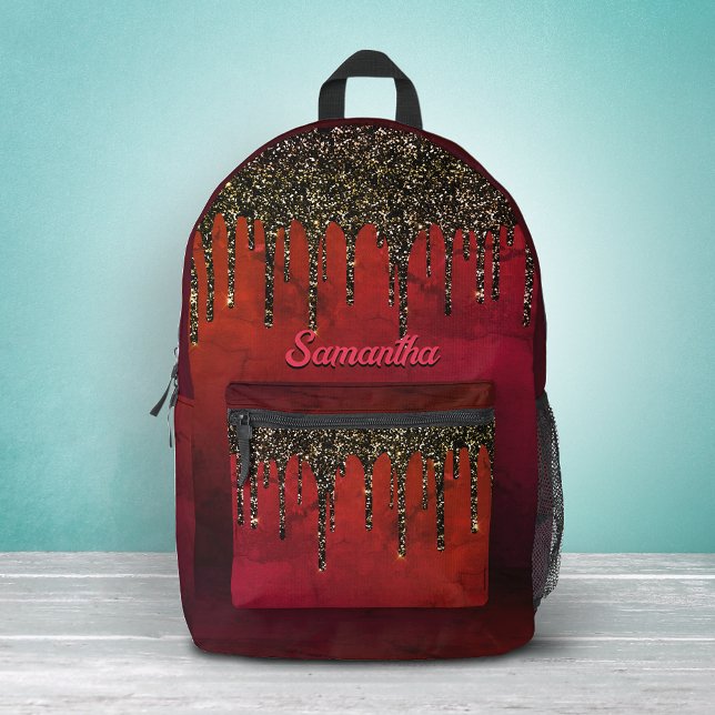 Chic red black and gold glitter drips monogram   printed backpack (Creator Uploaded)