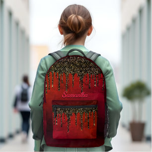 Chic red black and gold glitter drips monogram   printed backpack