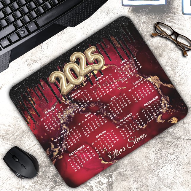 Chic red black drip glitter monogram 2025 calendar mouse mat (Creator Uploaded)