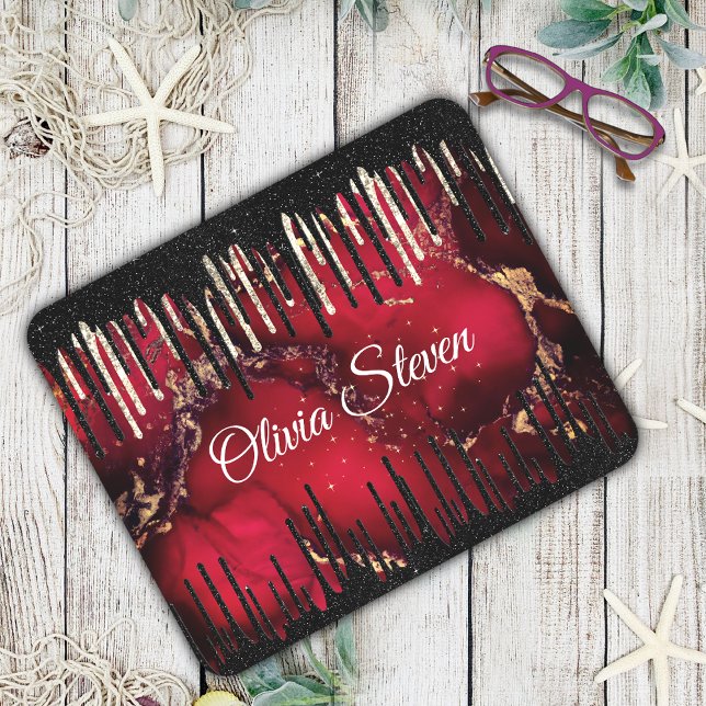 Chic red black drippings glitter monogram mouse mat (Creator Uploaded)