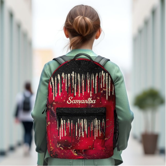 Chic red black drippings glitter monogram printed backpack (Creator Uploaded)