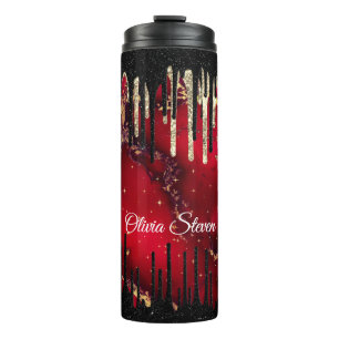 Chic red black drippings glitter monogram thermal tumbler