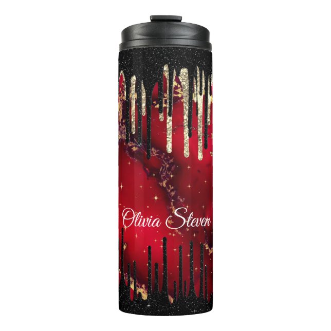 Chic red black drippings glitter monogram thermal tumbler (Front)