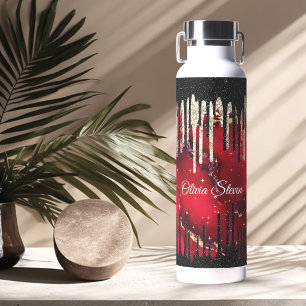 Chic red black drippings glitter monogram water bottle