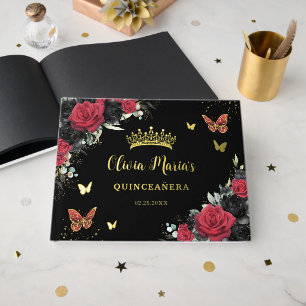 Chic Red Black Floral Butterflies Quinceanera Gold Guest Book