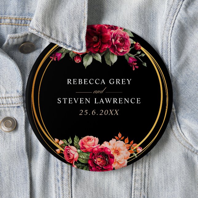 Chic red black floral wedding 6 cm round badge (In Situ)