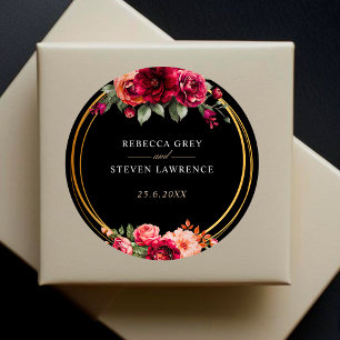 Chic red black floral wedding classic round sticker