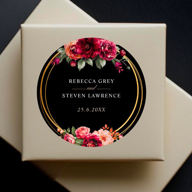 Chic red black floral wedding classic round sticker (Creator Uploaded)