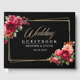 Chic red black floral wedding  guest book