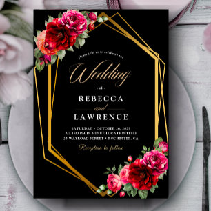 Chic red black floral wedding  invitation