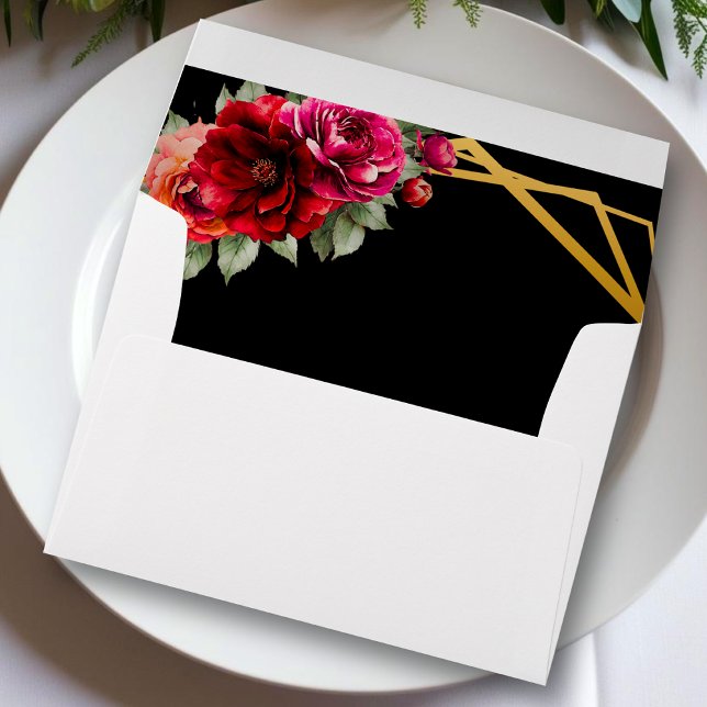 Chic red black floral wedding  invitation envelope (Creator Uploaded)