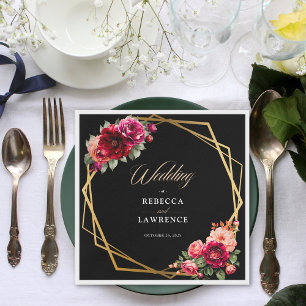 Chic red black floral wedding  napkin