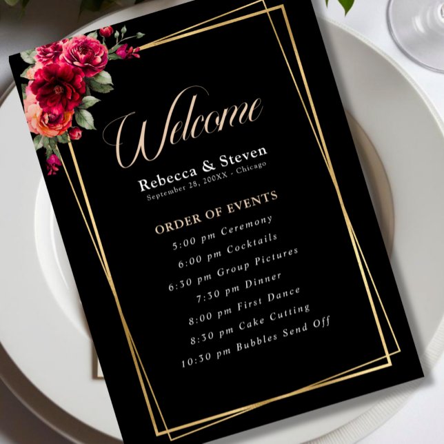 Chic red black floral wedding program  programme (Creator Uploaded)